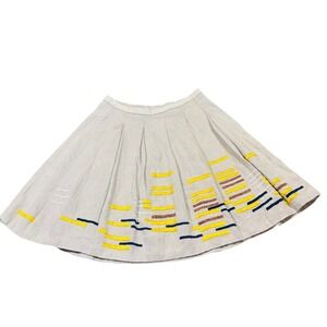 Maeve Anthropologie Beige Pleated A-Line Skirt Embroidered Marks Linen Size 6